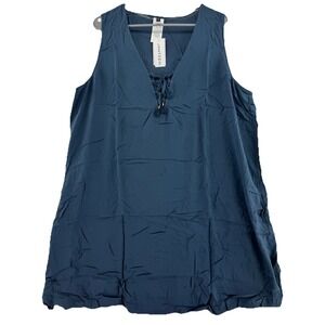 Jantzen Short Sleeve Lace Front Woven Cover Up Dress Large Marine Blue